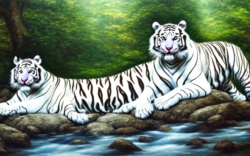 Prompt: a white tiger sitting on a large rock within a woodland creek, highly detailed, trending on pixiv, realistic oil paint artwork made in 2 0 2 0.