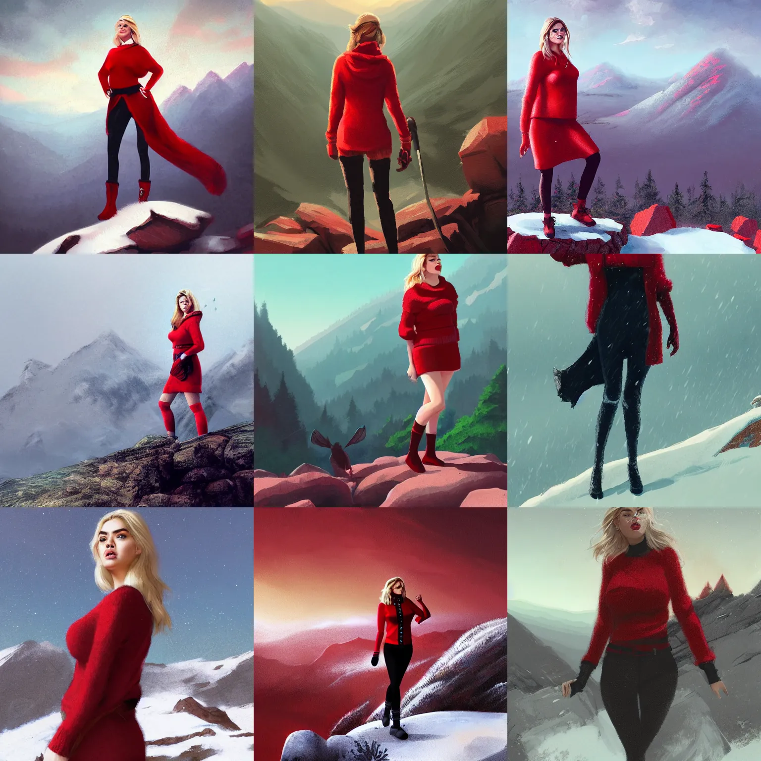 Prompt: kate upton standing on top of the mountain, wearing sweater, red and black color palette, in the style of wlop and greg rutkowski and ilya kuvshino