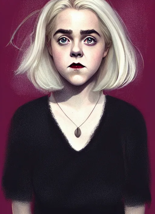 Image similar to full body portrait, kiernan shipka as sabrina spellman, white hair, obese, bangs, sultry, realistic, sultry smirk, fluffy bangs, freckles, fat, belly, intricate, elegant, highly detailed, digital painting, artstation, concept art, smooth, sharp focus, illustration, art by wlop, mars ravelo and greg rutkowski