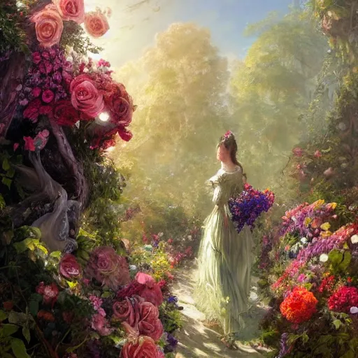 Image similar to portrait of a victorian woman running up a hill of exotic flowers, giant mushrooms, and roses, from behind, streets, birds in the sky, sunlight and rays of light shining through trees, tall buildings on the sides, beautiful, solarpunk!!!, highly detailed, digital painting by Michael Garmash and Peter Mohrbacher