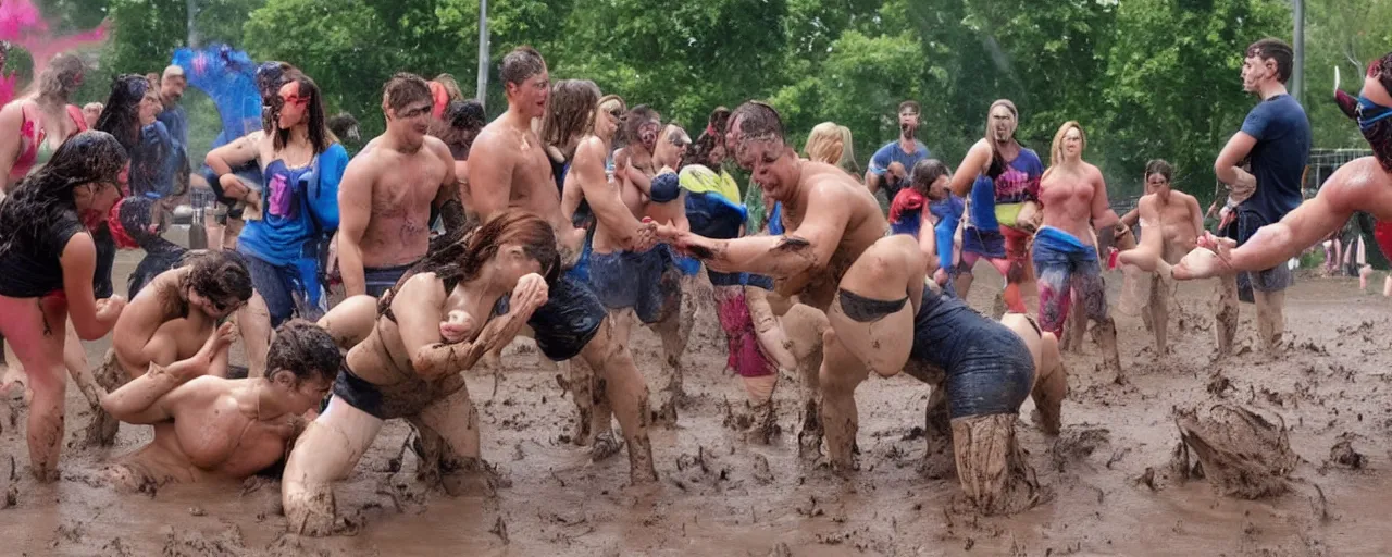 Prompt: feminists and anti - feminists engaged in an intense tactical water balloon fight and mud wrestling challenge as muscular men look on from the bleachers, in the style of marvel comics