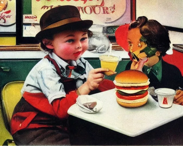 Image similar to vintage mcdonald's commercial depicting the hamburgular, by saul leiter, by norman rockwell