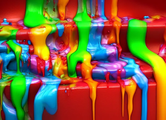 Prompt: a shelf with colorful goo dripping over the edge by dan lam 8 k 3 d 3 d shading, octane render, 3 ds max