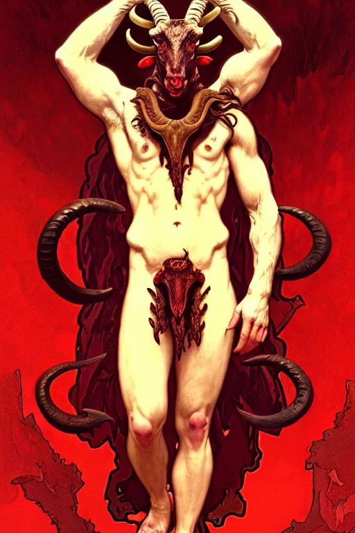 Image similar to portrait of a beautiful young fit male demon with ram horns, scaly torso and goat legs, hellish scene, by greg rutkowski and alphonse mucha, d & d character, gradient red to yellow, in front of an hellish landscape background, highly detailed portrait, digital painting, artstation, concept art, smooth, sharp focus ilustration, artstation hq