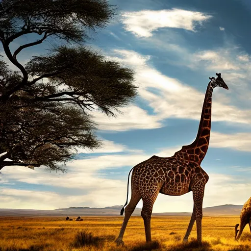 Image similar to national geographic landscape photograph of a valley, with a gigantic giraffe in the distance reaching upwards and eating the clouds