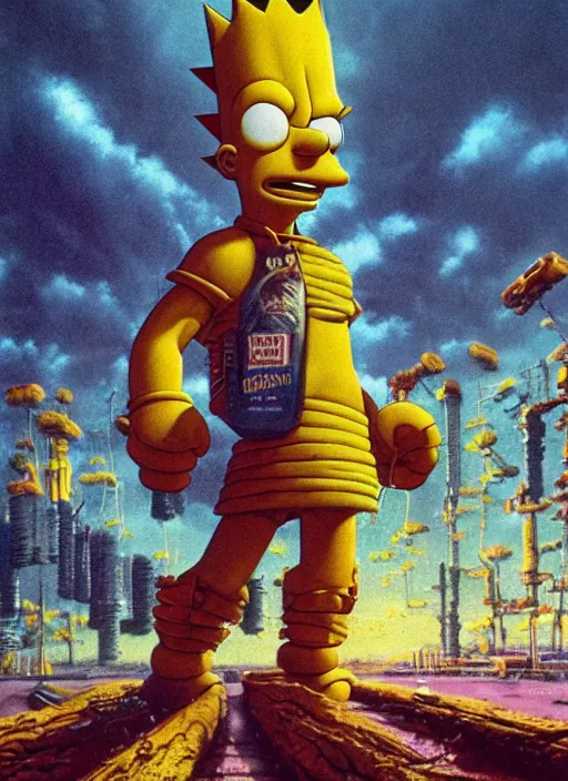 Prompt: dystopian bart simpson, epic, cinematic shot, 8k, by Bruce Pennington, sharp focus, highly detailed, saturated