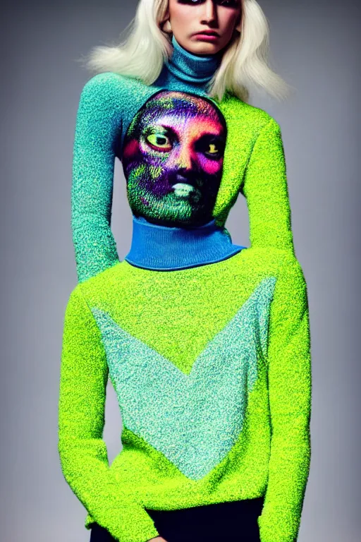 Image similar to stylish pullover for a rave bright colors, many details, photo for a magazine, photo for a store, fashion photography, Vogue, cinematic, hyper realism, high detail, 8k, very coherent symmetrical work, perfect face model, full length photo, Upper and lower body, white eyes, photographer style by Nik Night Erik Madigan Hec and Walter Chin and Camilla Akrans and Miles Aldridge