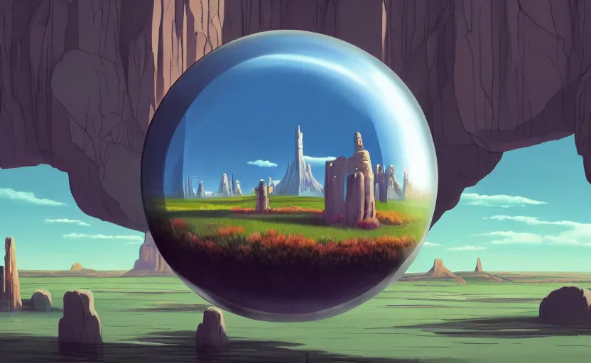 Image similar to a scary hyperrealist painting of a rocketship in a giant transparent forcefield crystal ball from howl's moving castle ( 2 0 0 4 ) in a flooded monument valley stonehenge jungle. depth perception, 4 k, artstation, in the style of studio ghibli