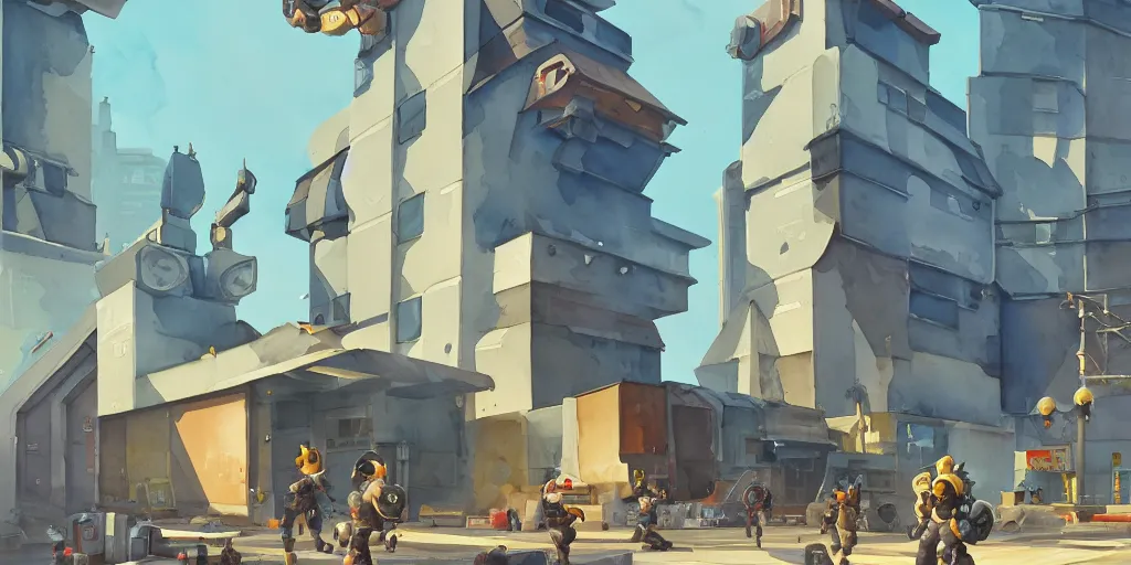 Prompt: overwatch building, stylized, exterior, architecture, in watercolor gouache detailed paintings, insanely detail, artstation, 8 k, futuristic, big medium small, arcane, simon stalenhag, food stall, interesting shapes & form, golden ratio