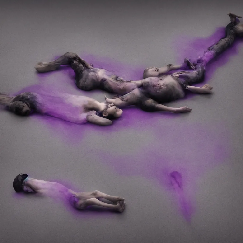 Image similar to iridiscent oil spill with women corpses connected by cables and computers to wax forms to a buried baby relaxing on yoga mat, faded, purple gradient, dust, purple fog, depth of field, by nadav kander and hans bellmer, 8 k, ultrarealistic, sad atmosphere, cinematic, 8 5 mm lens