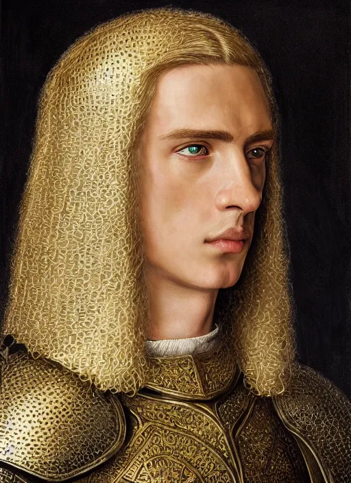 Prompt: oilpainting of a handsome young knight with a beautiful face and clear skin, long blond hair, wearing an intricate and detailed plate armor, no helmet, high resolution, clear image, digital art, studio photo, 4 k, clear lines, artstation, rendition by jan van eyck