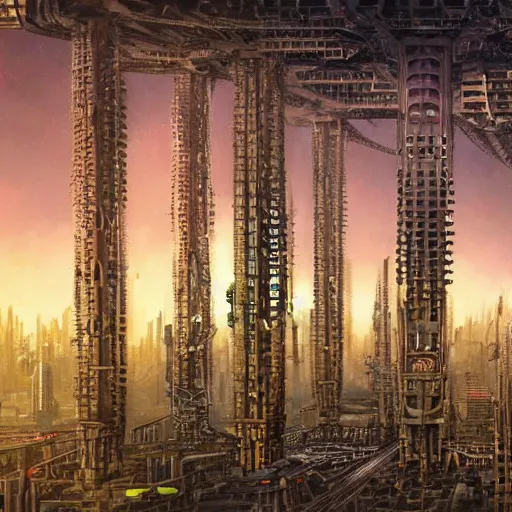 Image similar to a complex mechanical megastructure city.