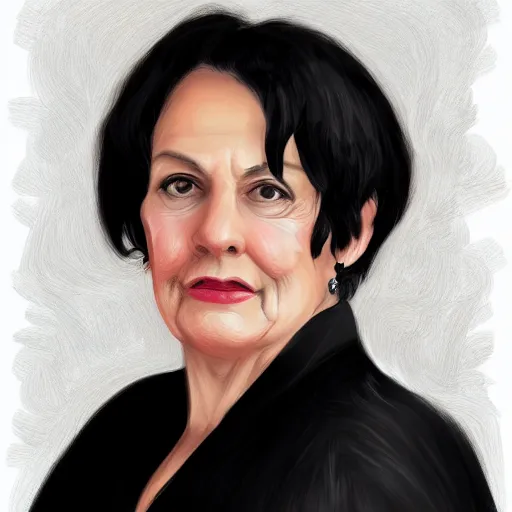 Prompt: a digital portrait of a 69 year old with black hair,hazel green eyes, drawn in the style of mark Arian