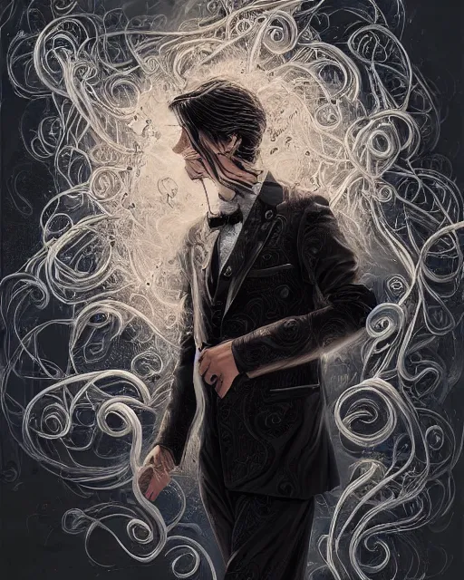 Image similar to a highly detailed portrait of devious male magician radiating a powerful energy aura, ornate back tuxedo, wispy tendrils of smoke, swirling vortex of energy, performance art, intricate, digital painting, old english, raining, sepia, particles floating, whimsical background by marc simonetti, artwork by liam wong