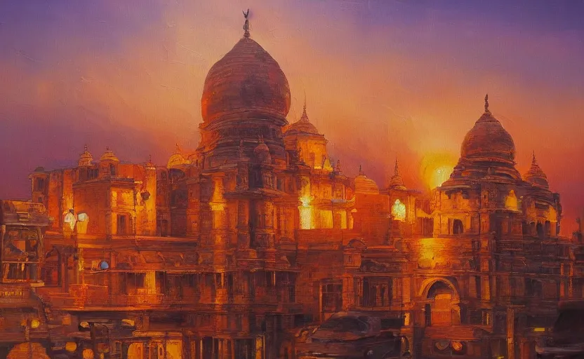 Prompt: detailed oil painting of an indian city, artstation, golden hours, beautiful lighting