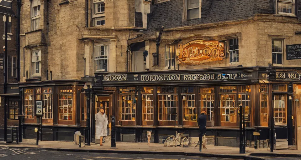 Image similar to closeup profile portrait of a london pub 1 8 8 0, depth of field, detailed and intricate environment, golden hour, 8 k resolution, hyperrealistic, octane render