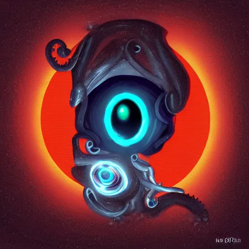 Image similar to GLaDOS as a lovecraftian god, orange glowing eye