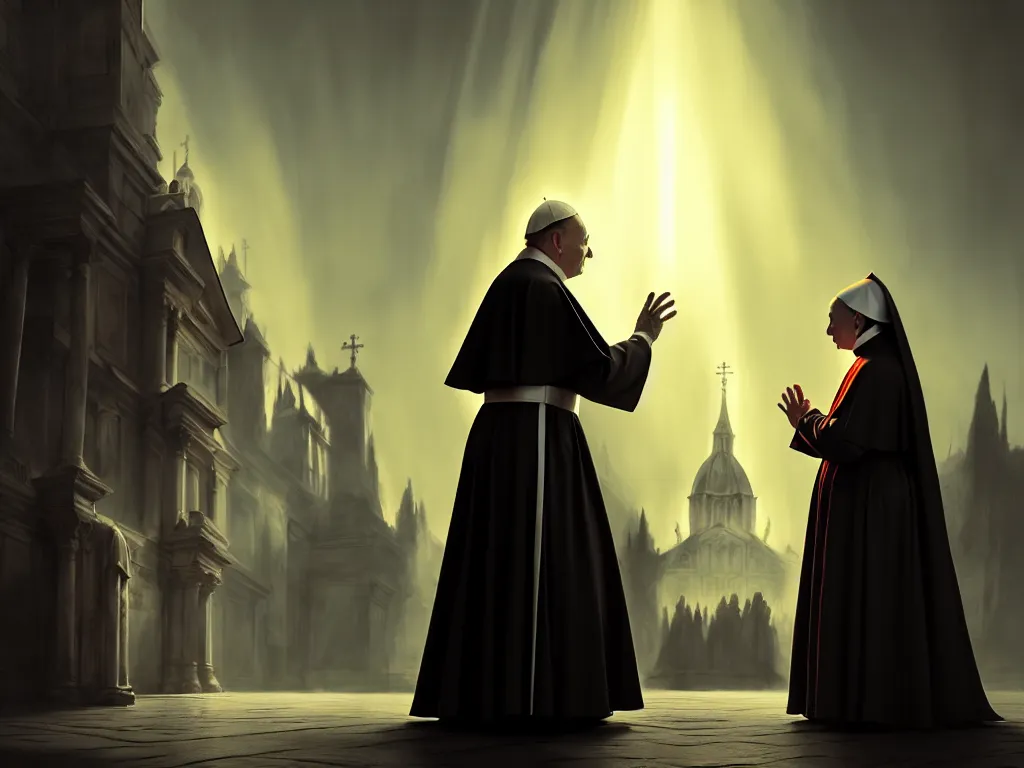 Image similar to Nun dancing with the pope, dramatic lighting, cinematic, establishing shot, high detail, cinematic lighting, post processed, 8k, concept art, artstation, matte painting, in the style of eddie mendoza, raphael lacoste, alex ross