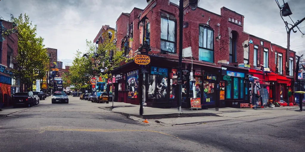 Prompt: HD photograph street view of Kensington Market in Toronto, eldritch gnostic esoteric anomalous aesthetic.