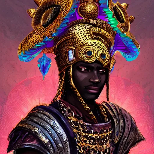 Image similar to a young black boy dressed like an african moorish warrior in gold armor and a crown with a ruby, and a very ornate glowing electric spear!, for honor character digital illustration portrait design, by android jones in a psychedelic fantasy style, dramatic lighting, hero pose, wide angle dynamic portrait