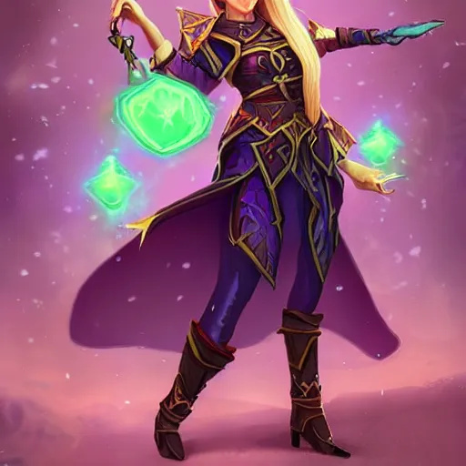 Prompt: beautiful female elf sorcerer, green lighting, in hearthstone art style, epic fantasy style art, fantasy epic digital art, epic fantasy card game art