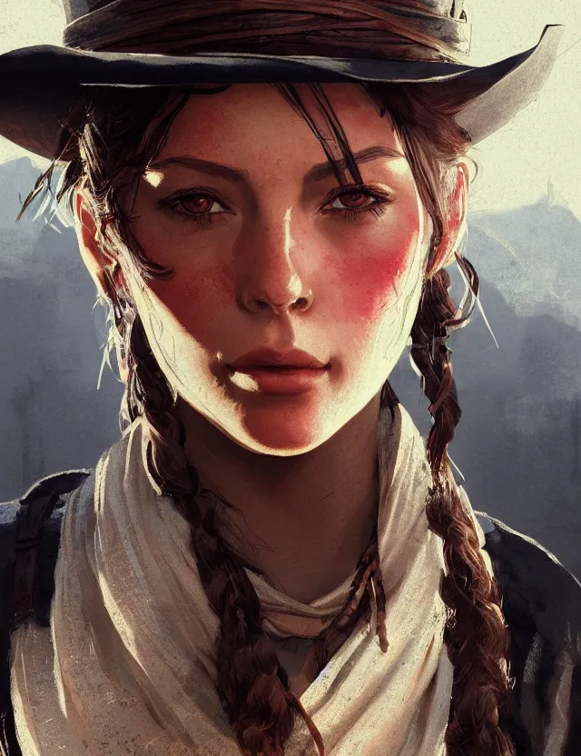 Prompt: close face portrait of a beautiful young female robber as red dead redemption 2 concept art, art by ryo shiotani and greg rutkowski, intricate, beautiful, cute, cinematic lighting, vintage art by serge ivanoff, high resolution, very detailed