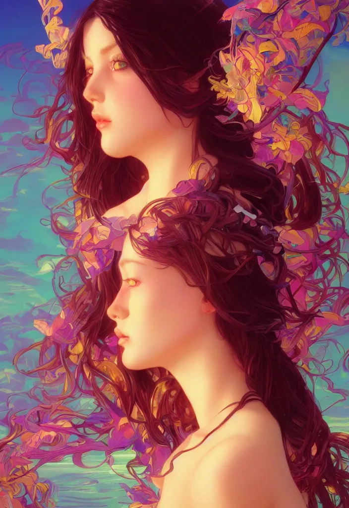 Image similar to beautiful, young woman, detailed gorgeous face, vaporwave aesthetic, synthwave, colorful, psychedelic, artstation, concept art, smooth, extremely sharp detail, finely tuned detail, ultra high definition, 8 k, unreal engine 5, ultra sharp focus, illustration, art by artgerm, greg rutkowski and alphonse mucha