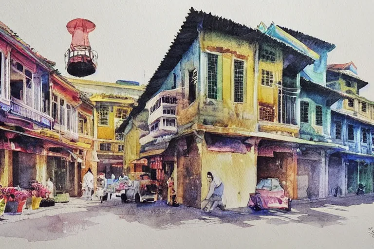 Image similar to !! watercolor!! singapore old city in a sunny day, artwork by tooth wu, colorful contrast,!! very coherent!!, dark shadow, thick lineart