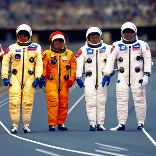 Image similar to 5 space astronauts in spacesuits of different colors, running in a relay race in a stadium, olympic games