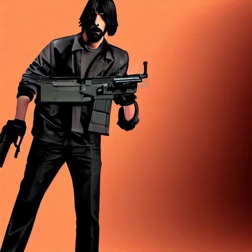 Prompt: Full body portrait of Keanu Reeves holding M-16 machine gun, GTA San Andreas Loading Screen, 4k