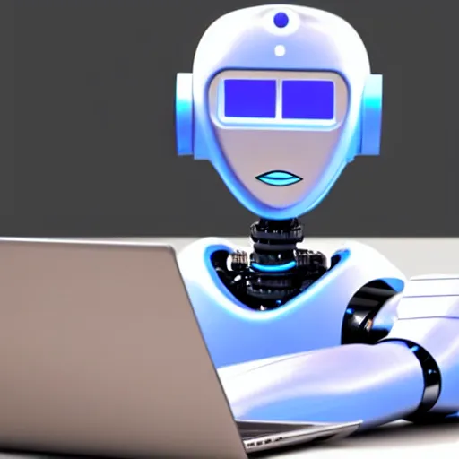 Image similar to beautiful robot works in front of a laptop