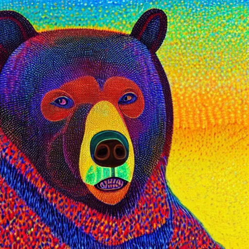 Image similar to a painting of a bear's face with red, yellow, and blue colors, a pointillism painting by mati klarwein, shutterstock contest winner, computer art, impressionism, digitally enhanced, painterly