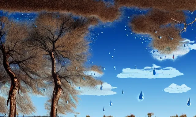 Image similar to panorama of big raindrops flying upwards into the perfect cloudless blue sky from a dried up river in a desolate land, dead trees, blue sky, hot and sunny highly-detailed, elegant, dramatic lighting, artstation, 4k, cinematic landscape, photograph by National Geographic