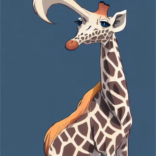 Image similar to an anthropomorphic giraffe wearing a dress, illustration concept art anime key visual trending pixiv fanbox by wlop and greg rutkowski and makoto shinkai and studio ghibli and kyoto animation symmetrical facial features