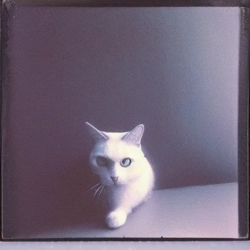 Image similar to black cloudy shadow of a cat on the painted wall, very blurry, mystical, misty, dreamy, shadow polaroid photo, by Warhol