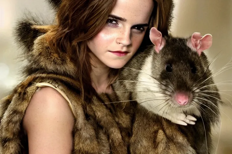 Prompt: 8, photo, emma watson as anthropomorphic furry - rat, 2 8 6 5 5, she is a real huge fat rat with rat body, cats! are around, eating cheese, highly detailed, intricate details