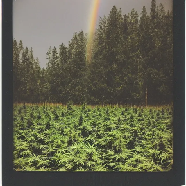 Image similar to very beautiful polaroid photo of a cannabis field near a pond on a clear day with a rainbow