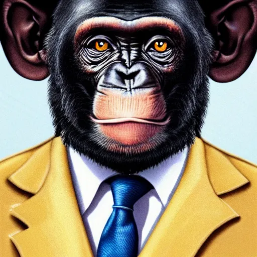 Image similar to a high detail portrait of a chimp wearing a suit 👔,and smoking🚬