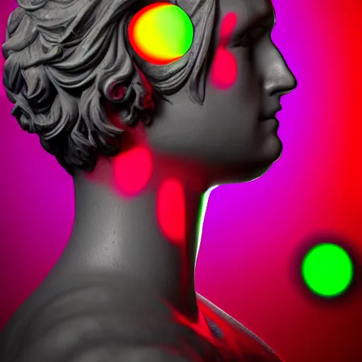 Image similar to a 3 d neon circle on a renaissance statue head, black background, ray tracing, 8 k resolution, sharp focus, hyper detailed, hyper realistic