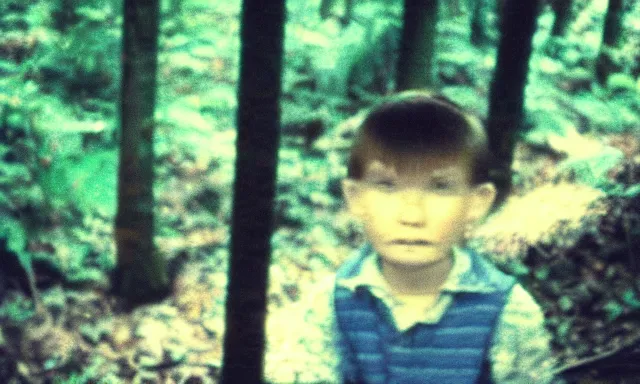 Image similar to kid looking at camera in forest at dusk, colorized 70s photo, out of focus, motion blur, cctv footage, horror movie, horror lighting, blair witch project, old photo, found footage