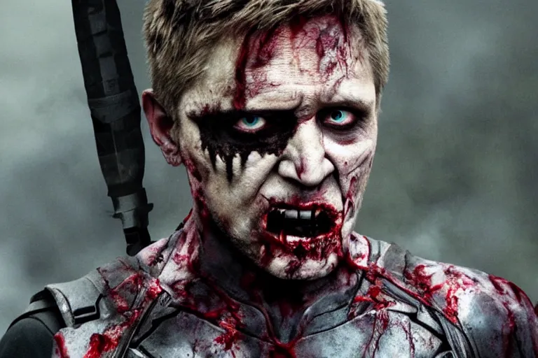 Prompt: film still of zombie zombie Hawkeye as a zombie in new avengers movie, 4k