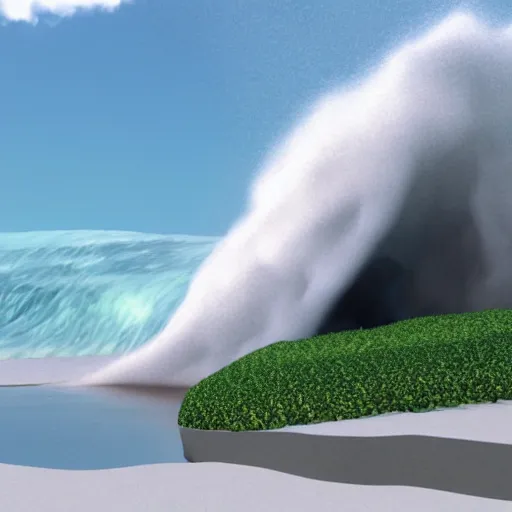 Prompt: a 3D render of a Tsunami hitting Tonga after underwater volcanic eruption