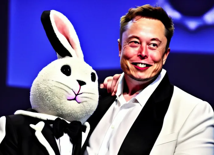 Image similar to elon musk presenting the new tesla wearing a bunny costume, award winning photo