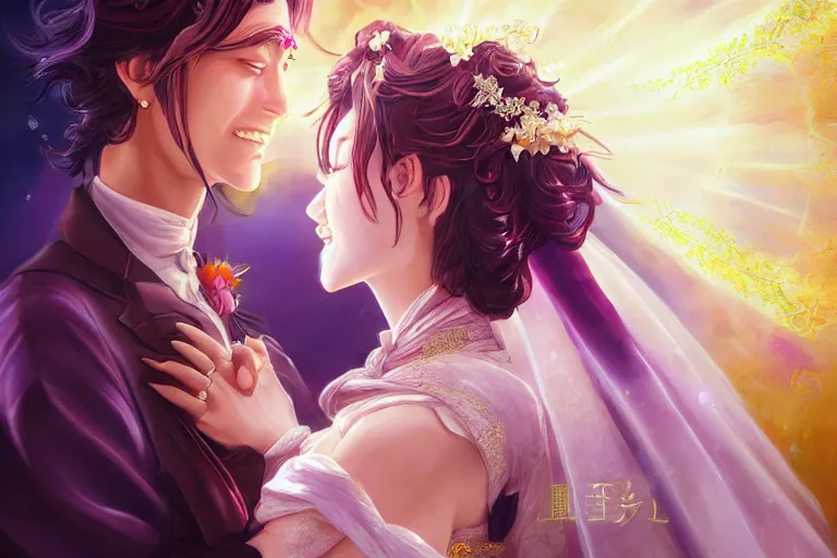 Image similar to a cinematic portrait of wedding photograph jpeg close up moment of a divine a japan sun god and moon goddess lovers magician at a wedding banquet. portraiture. digital painting. artstation. concept art. wedding photo. digital painting. violet evergarden art masterpiece by art by krenz cushart