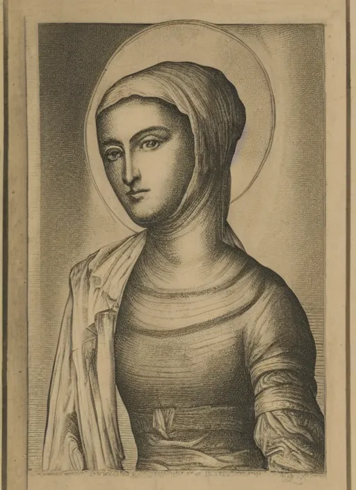 Prompt: an engraving of Madonna