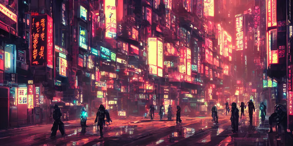 Image similar to Intricate cyborgs on a cyberpunk Tokyo street with neon signs in Japanese. 80-s sci-fi, 8K, Highly Detailed, ArtStation. C 11.0