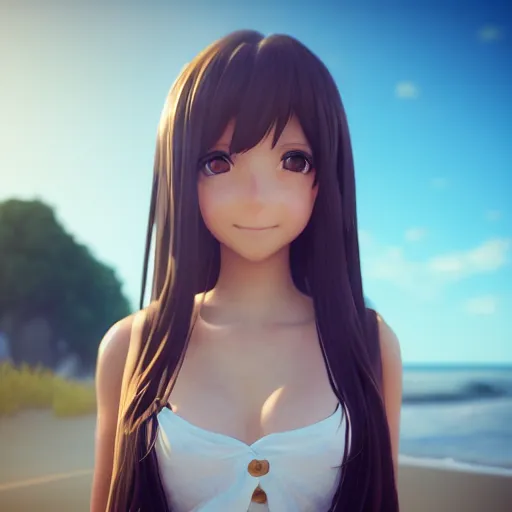 Image similar to Render of a beautiful 3d anime girl, long hair, hazel eyes, cute freckles, full round face, short smile, cute sundress, golden hour, serene beach setting, medium shot, mid-shot, highly detailed, trending on Artstation, Unreal Engine 4k