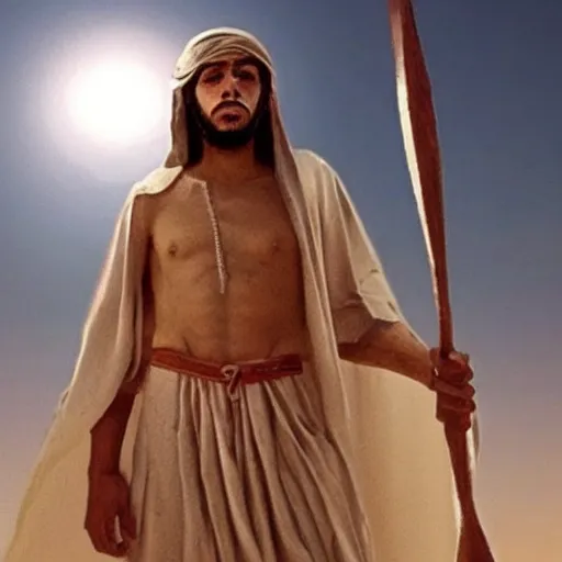 Image similar to 17 year old middle eastern skinned man in Biblical clothing standing. 10 foot tall man stands behind him. Cinematic, epic.