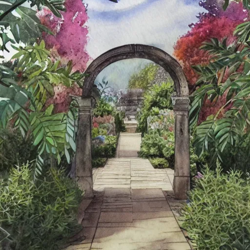 Image similar to delicate marble in a botanic garden, stony, puffy clouds, botanical herbarium paper, watercolor colored painting and pencil, iridescent colors, 8 k, realistic shaded, fine details, artstation, italian, colonnade, vines, flowers, gardena architecture, pompeii