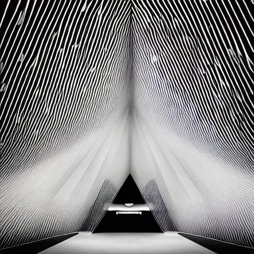 Image similar to hyperrealistic highly detailed modern church by zaha hadid in the tropical wood, strong lines, geometric, mystic, melancholy, lomography, scratches on photo, noise effect, blur effect, black and white color photograph, photorealistic shot, monochrome